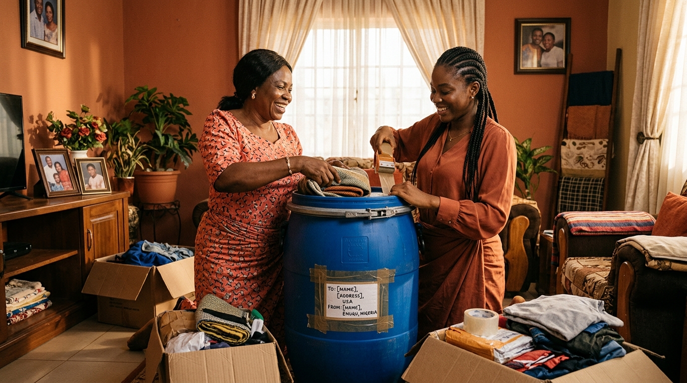 County Cargo collecting a packed box from a family home in Enugu for shipping to the UK