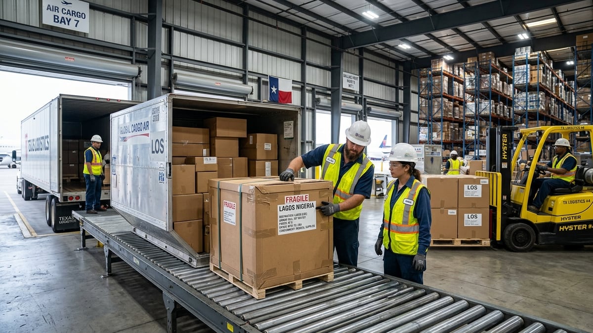 USA to Nigeria air cargo warehouse loading freight cartons for Lagos