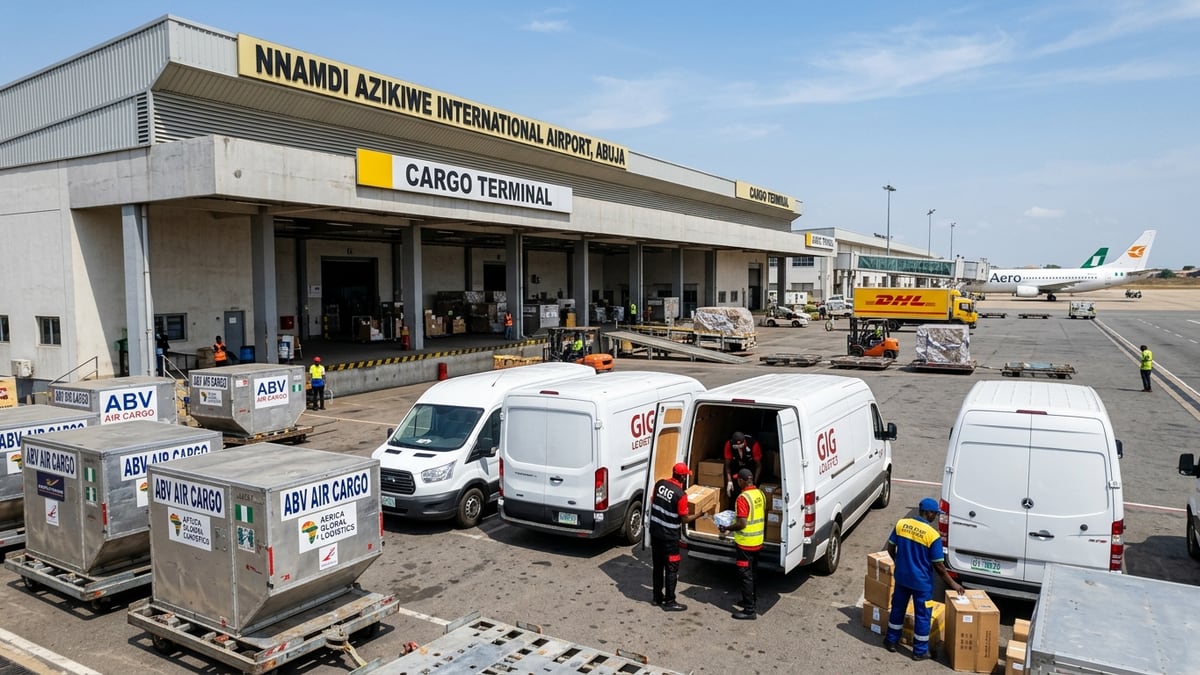 Air cargo terminal and delivery vans at Nnamdi Azikiwe International Airport Abuja
