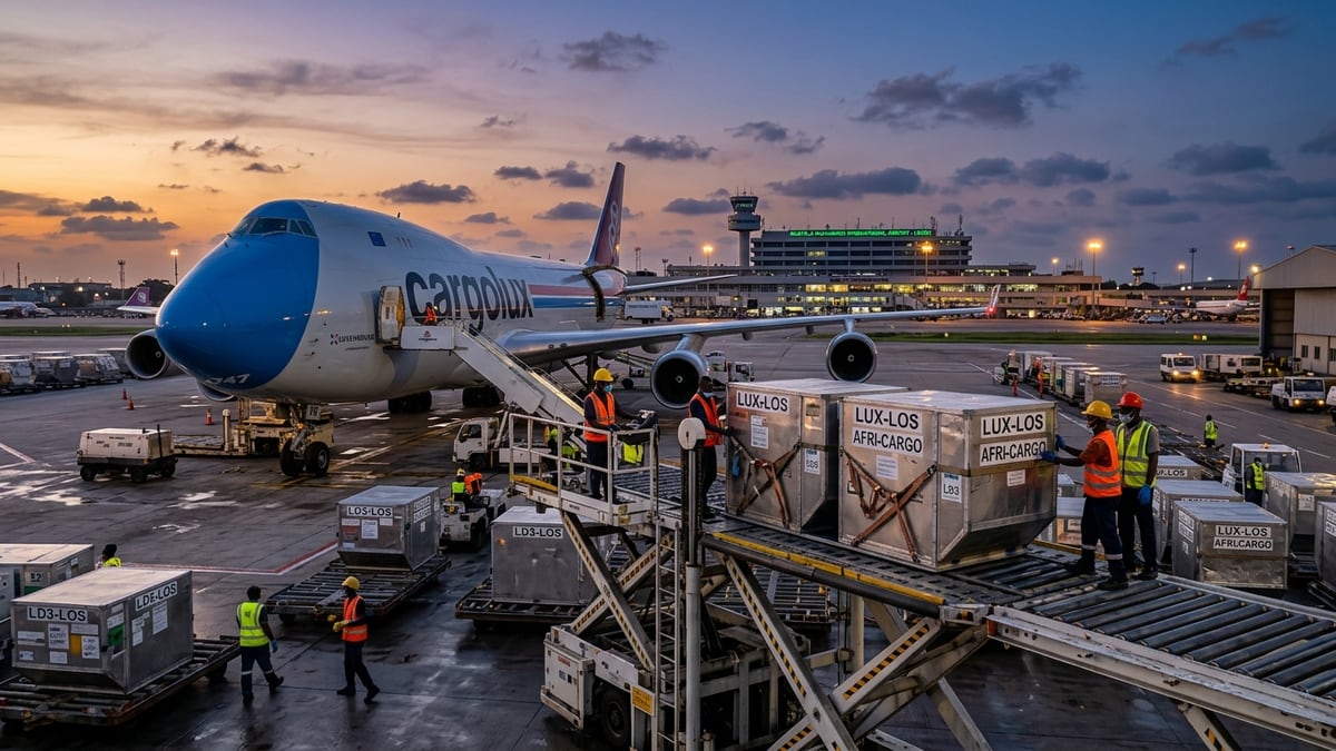 Air cargo freighter unloading containers at Murtala Muhammed Airport Lagos