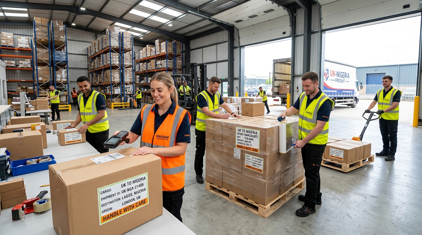 Securely packed boxes ready for UK-to-Nigeria air cargo shipping